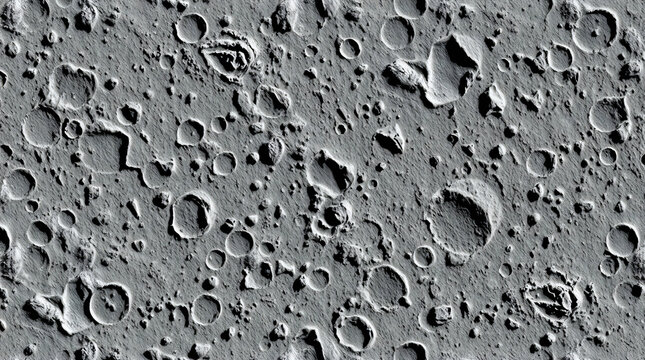 Seamless moon surface close up background texture. Tileable greyscale lunar, meteor craters, rocks and furrows planetary pattern. Astronomy concept wallpaper, space backdrop