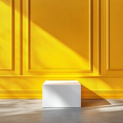 Fototapete - Sunlight streams through a serene room, casting warm shadows on a vibrant yellow wall. A simple white cube stands out, embodying modern minimalism and artistic elegance
