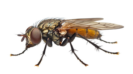 isolated macro fly with hairy detail and green eye on white