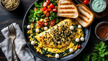 delicious omelette with spinach, salad, and toasted bread served with dipping sauces
