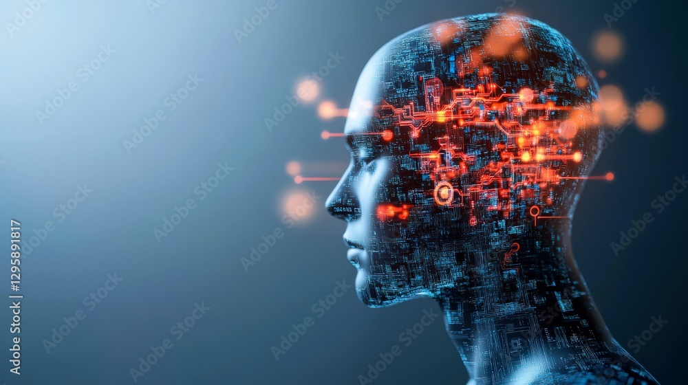 Futuristic Human Head with Digital Brain Connections and Glowing ...