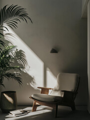 Poster - cozy reading nook with wooden armchair, soft lighting, and potted plant