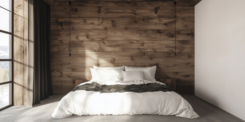 Poster - rustic bedroom interior features cozy bed with wooden walls and natural light
