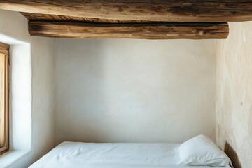 Poster - minimalistic room with single bed, clean walls, and wooden beams