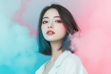 Aufkleber - woman with short hair poses confidently against colorful pink and blue background