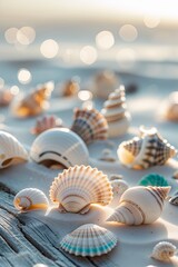 Wall Mural - beautiful collection of seashells on sandy beach at sunset with soft bokeh background