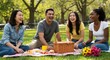 © Sabir Shah - A diverse group of friends laughing and enjoying a picnic in a sunny park