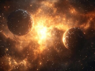 Wall Mural - two planets in space with a bright sun in the background. the sun is shining on the planets, making 