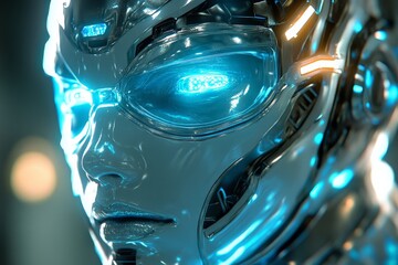Aufkleber - Futuristic robot with glowing blue eyes showcases advanced technology and design in a high-tech environment