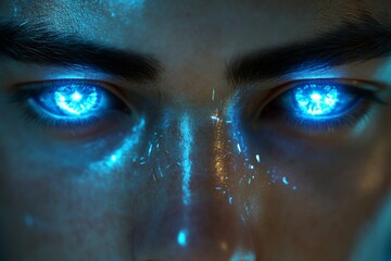 Poster - Blue glowing eyes create a captivating atmosphere in a futuristic close-up of a young person with striking features