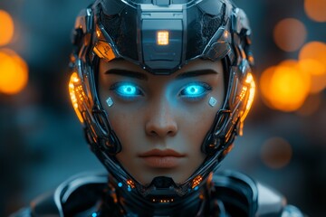 Poster - Futuristic woman with glowing blue eyes and advanced robotic armor in a cyberpunk setting