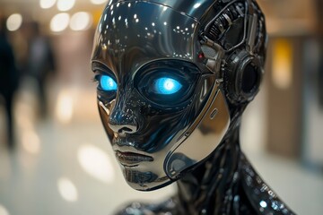 Aufkleber - Futuristic robot with glowing blue eyes displayed in a modern indoor setting