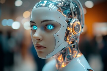 Aufkleber - Futuristic humanoid robot with blue glowing eyes in a modern exhibition space during a technology showcase