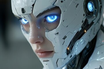 Poster - Futuristic humanoid robot with glowing blue eyes showcases advanced technology and design