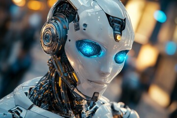Aufkleber - Futuristic robot with glowing blue eyes showcasing advanced technology at an exhibition
