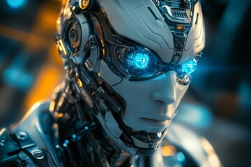 Aufkleber - Futuristic robotic figure with glowing eyes in a high-tech environment during a cybernetic design showcase
