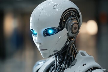 Aufkleber - Futuristic humanoid robot with glowing blue eyes in a high-tech environment