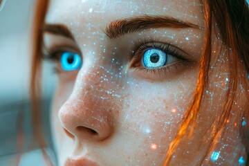 Poster - Close-up of a young person with glowing blue eyes and digital effects on their face in a futuristic setting