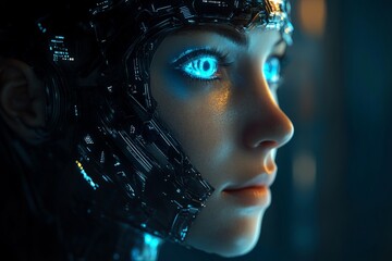 Poster - Futuristic cyborg with glowing blue eyes explores advanced technology in a high-tech environment