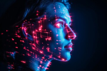 Poster - Digital portrait of a person with glowing lines and patterns projected on their face in a dark setting