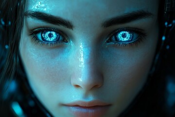 Poster - Futuristic portrait of a young woman with glowing blue digital eyes in a dark setting
