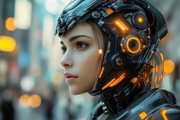 Poster - Cybernetic woman with glowing accents in a bustling urban environment during twilight