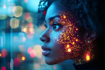 Aufkleber - Creative portrait of a woman with glowing digital patterns on her face in an abstract urban environment at night