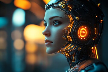 Poster - Futuristic robot with glowing accents in a high-tech environment at dusk