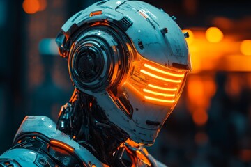 Poster - Futuristic robot with glowing facial features stands in a neon-lit setting highlighting advanced technology and design