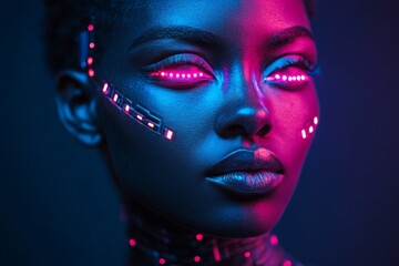 Leinwandbilder - Innovative beauty and technology fusion showcased with luminous accents on model's face in a futuristic theme
