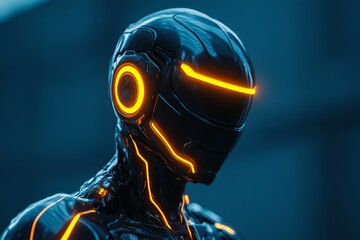 Poster - Futuristic humanoid robot with glowing lines stands in an urban setting at dusk