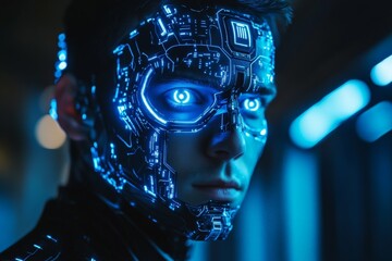 Fototapete - Futuristic portrait of a humanoid figure with glowing blue circuitry at nighttime in a dimly lit environment