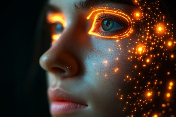 Poster - Vibrant close-up of a face with glowing effects and sparkling details in a dark background at night