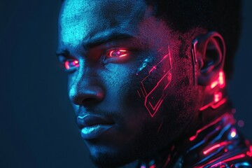 Poster - Futuristic portrait of a young man with glowing features and cybernetic details in a dark setting