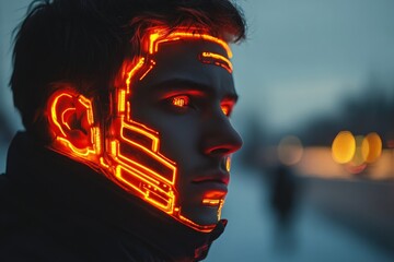 Poster - Futuristic portrait of a man with illuminated facial design captured at twilight in an urban setting