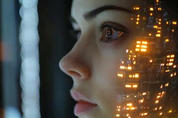 Fototapete - Close-up view of a woman with reflective circuitry patterns in a futuristic setting