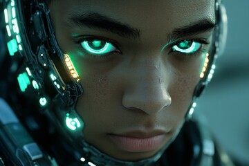 Fototapete - Futuristic character with glowing eyes and advanced technology in a sci-fi setting