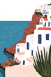 © Анастасия Ареховская - Vector illustration of the white and blue houses of Santorini, Greece, with a view of the Aegean Sea, simple, hand painted, bold colors