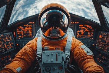 Aufkleber - Astronaut in orange suit pilots spacecraft while gazing at Earth from space cockpit