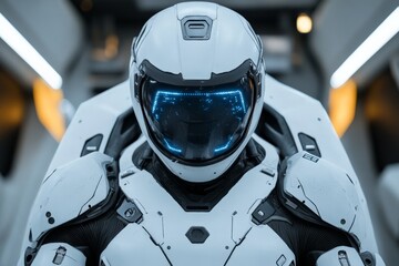 Aufkleber - Futuristic astronaut in high-tech suit exploring a spacecraft interior during a space mission
