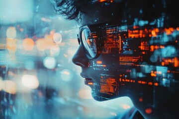 Aufkleber - Young person with glasses immersed in digital data, reflecting technology and innovation at dusk