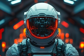 Poster - Astronaut in futuristic space suit inside a neon-lit spacecraft with glowing elements and advanced technology