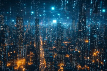 Poster - Vibrant city skyline illuminated by digital lights at night with skyscrapers and high-tech elements