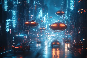 Poster - Futuristic cityscape with hovering spacecraft and illuminated buildings at night