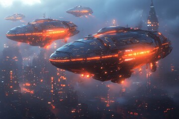 Poster - Mysterious spaceships hover over a futuristic city skyline at dusk