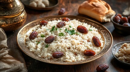 Sticker - A plate of rice with raisins on top. The rice is white and the raisins are scattered throughout the dish. The plate is on a wooden table and there are other items on the table, such as a bowl