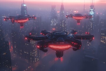 Poster - Advanced drones patrol a futuristic city skyline during twilight hours amid glowing skyscrapers and mist