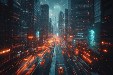 Aufkleber - Dynamic cityscape at night showcasing vibrant lights and bustling traffic with futuristic elements
