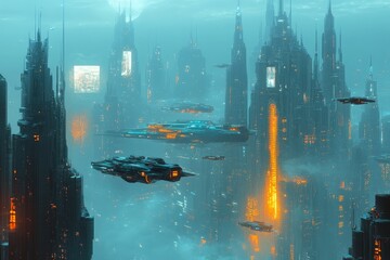 Poster - Futuristic city skyline with glowing skyscrapers and hovering spacecraft in a misty atmosphere