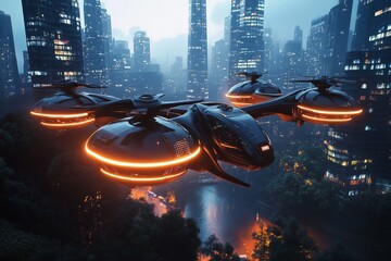 Poster - Futuristic hover vehicle gliding through a neon-lit city at twilight